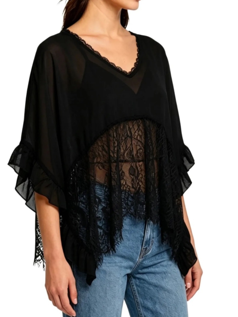 Free People Black Lace & Chiffon V-Neck Women's Blouse